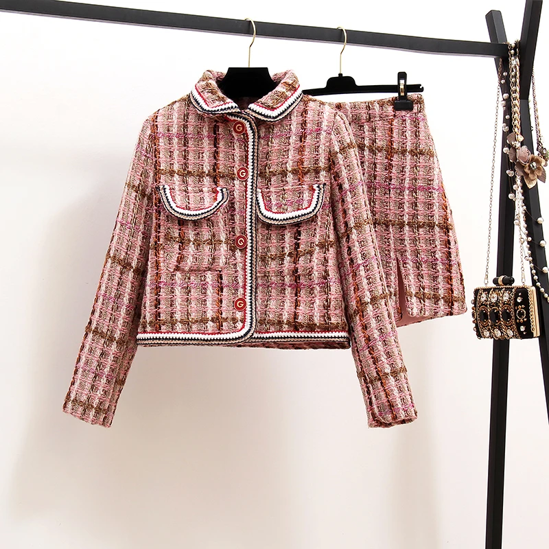 

2019 Women Skirt Sets Winter Europe Ladies Plaid Woolen Tweed Jacket+Short Skirt Suits Elegant Two Piece Womens Clothing Sets