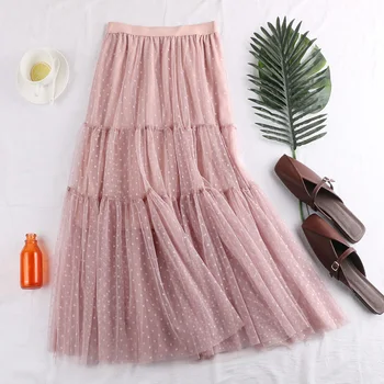

A107 spring new high waist thin wave dot double layer mesh half skirt A-line medium length patchwork skirt