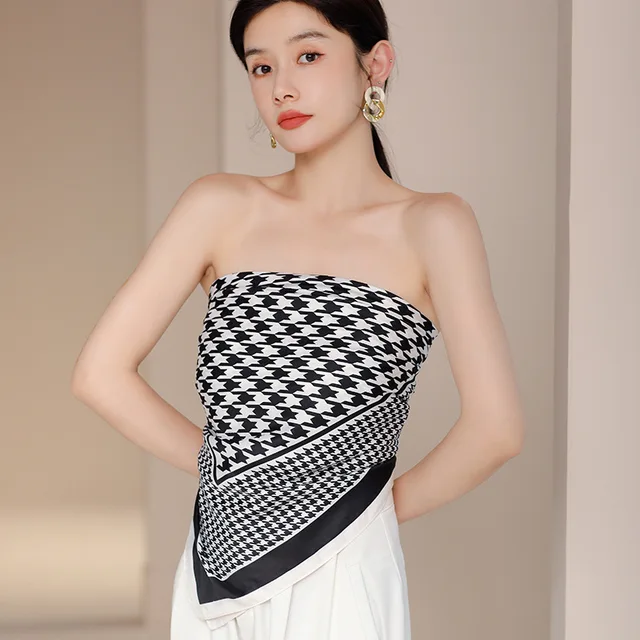 Imitate Twill Silk Scarf Women Fashion Elegant Houndstooth Shawl Stole Hijab Head Neck Kerchief Headscarf 90*90cm Black