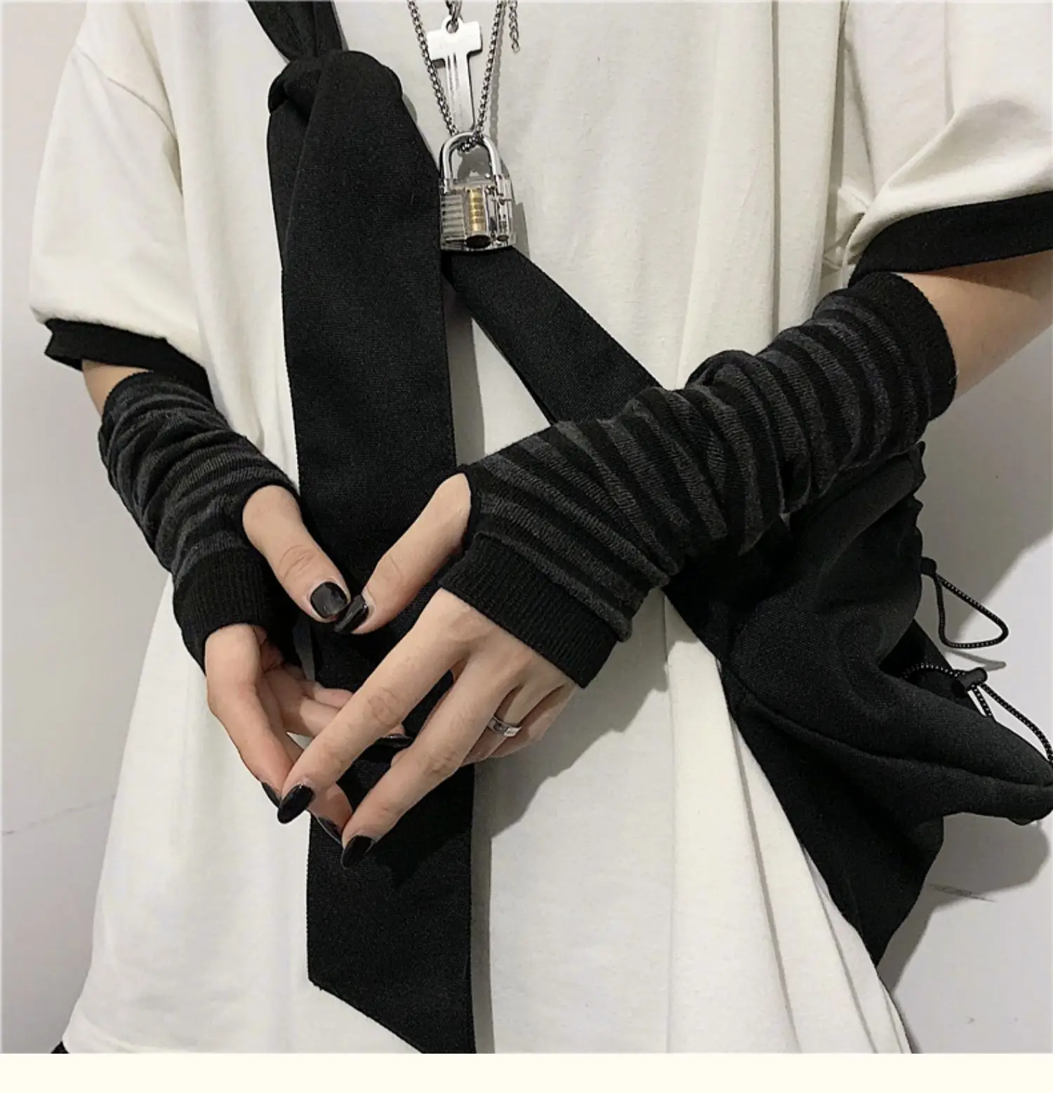 Punk EMO Style Streetwear Women Wrist Arm Warmer Knitted Long Fingerless Gloves Black Mitten Halloween Cross Gloves Dark Moon mens leather gloves