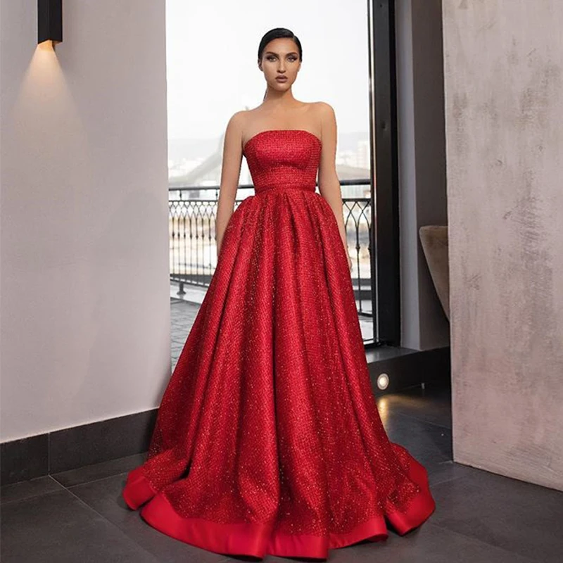 

2020 New Red Strapless A Line Sequin Beading Sweep Train Evening Dress Long Gown