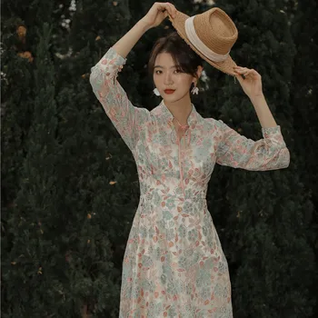 

COIGARSAM French Style Lace Women dress New Cheongsam Full Sleeve High Waist V-Neck Dresses Pink 8110