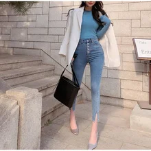 

New Women Autumn Spring High Waist Jeans Skinny Button Denim Zipper Clothing Female Fashion Vintage Jeans Pencil Pants 25-30