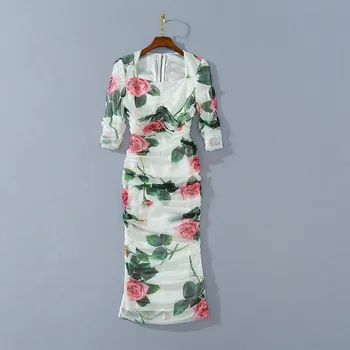 

Summer Sexy women's Stretch elegant floral print dress High quality women square collar mesh dress C104