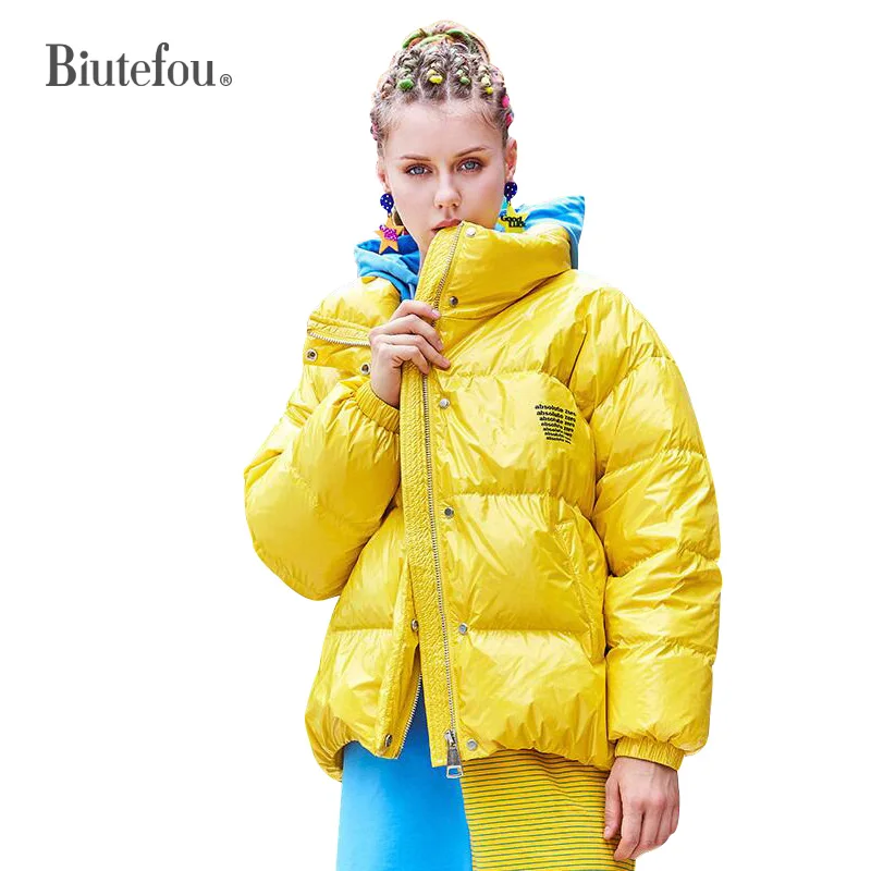 2019 зимние модные однотонные пуховики женские теплые с воротником стойкой