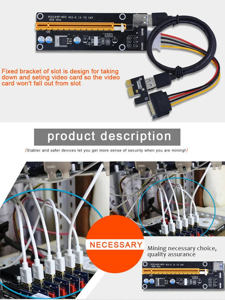 006 PCI-E Riser Card USB 3.0 Riser Express 1X 4x 8x 16x Extender Adapter SATA 15pin to 4pin Power Cable for BTC Mining Miner-2