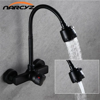 Rubinetto Della cucina A Parete Doppi Fori 360 Ruota Flessibile Nero Miscelatori Lavello Rubinetto Della Cucina A Parete Rubinetto di Acqua Calda e Fredda XT-217 1