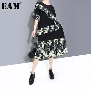 

[EAM] Women Black Pattern Printed Ruffles Big Size Dress New Round Neck Short Sleeve Loose Fit Fashion Spring Summer 2020 1W013
