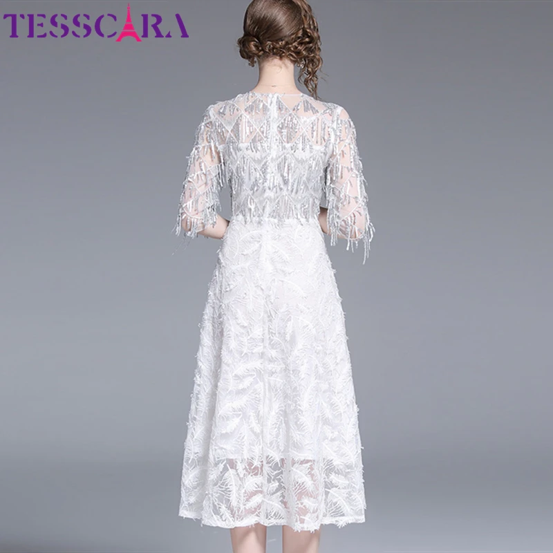 TESSCARA, женское роскошное Сетчатое платье с блестками, праздничное женское высококачественное свадебное праздничное платье, Femme, дизайнерское белое платье с цветочным узором для девочек, Vestidos