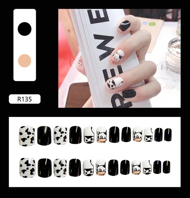 24 Sheet/Set Cute Face Fake False Nail Tips Grid Round Full Cover Glue Manicure Makeup New Design Pure Art Nail Stickers R135