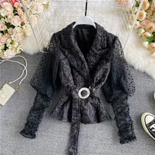 2021 Spring Korean Temperament Suit Collar Waist Mesh Bubble Long-sleeved Doll Short Waist Waist Shirt Top