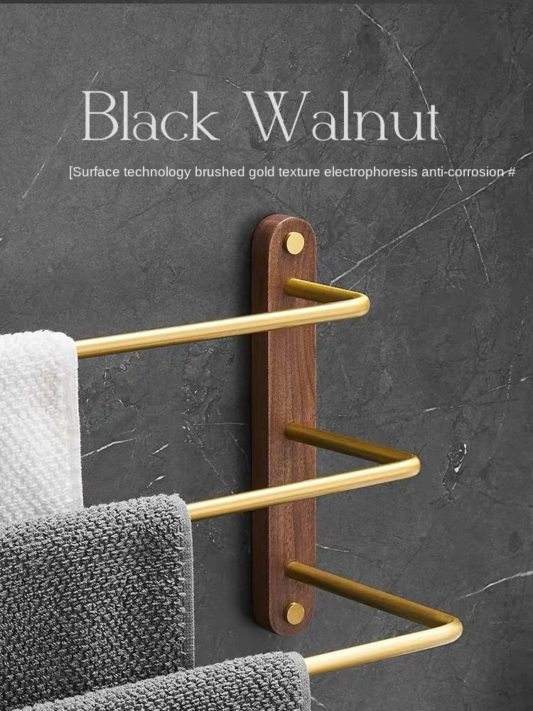 Black walnut bathroom towel hanger Bath towel rack multistory shelf wood rod aluminium alloy shelf brushed gold