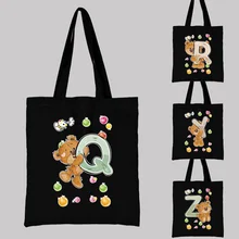 Female Bag Shopping Bag Shoulder Bag Foldable Reusable Casual Letters Teddy Bear Print Black Canvas Student Eco-friendly Handbag