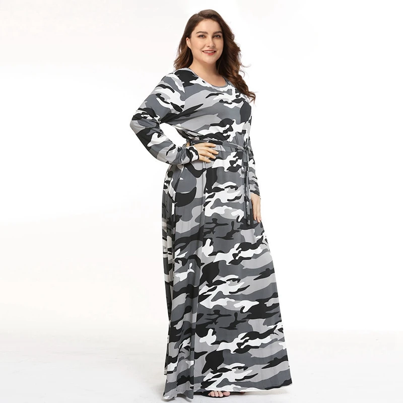 

New Bohemian Long camouflage print party robe Plus Size 3XL 4XL Dress Ladies elegant O-Neck Long Sleeve Autumn Maxi Dress tunic