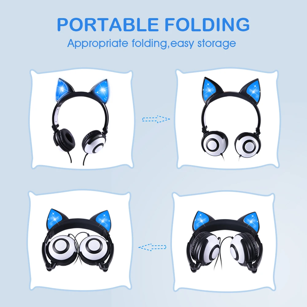 Birthday Gift Wired Kid Headphones Foldable Flashing Cat Ear Children Headphones Gaming Headset With LED Light For PC