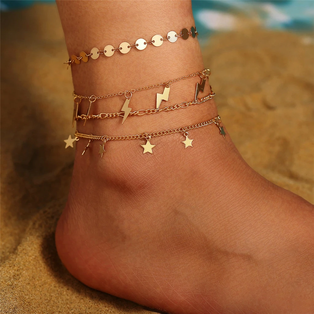 Винтажные новые бисерные пляжные бижутерия для ног модные стильные женские браслеты для щиколотки Boho Золотые Серебряные звезды молния Подвеска со стразами ножной браслет