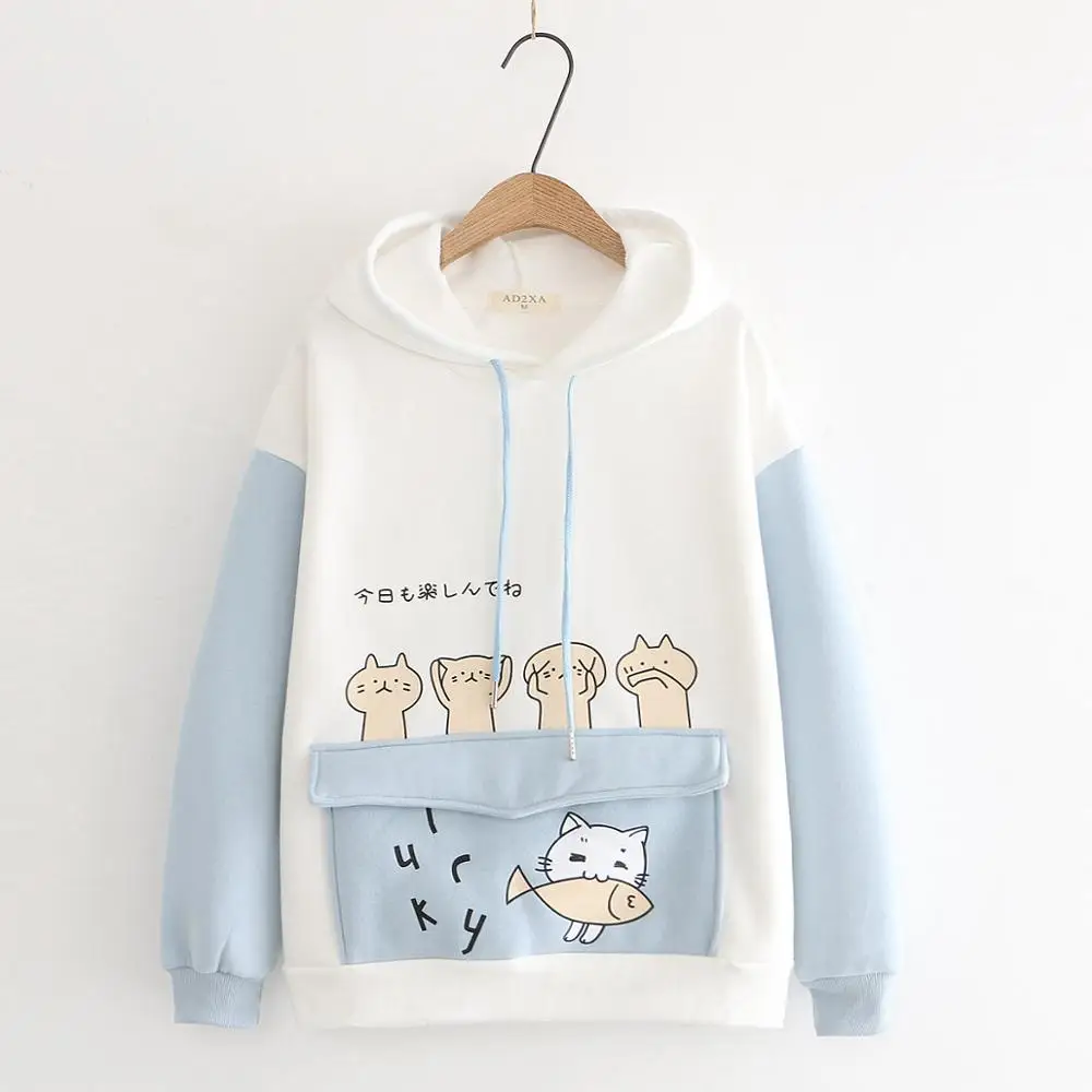 MERRY PRETTY женские Harajuku мультфильм печати толстовки кофты зима плюс бархат с капюшоном пуловеры с карманом спортивный костюм - Цвет: Синий