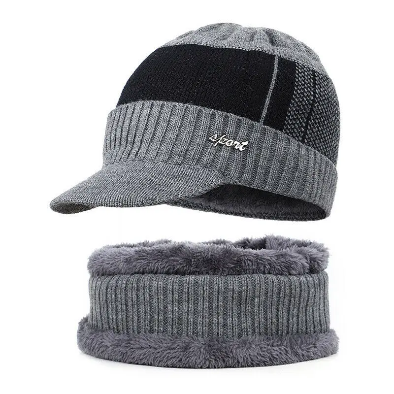 Grey hat and scarf Мужская зимняя теплая шапка высокого качества из хлопка с добавлением меха, зимние шапки бини для мужчин и женщин, шерстяной шарф, шапки, шапка-маска, вязаная шапка - Цвет: Grey hat and scarf