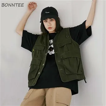 

Vests Women High Street Chic Cargo Big Pockets Design Vintage Teens Outwear Summer Trendy BF Style All-match Popular Womens New