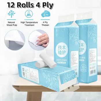 

12 Rolls/Lot Roll paper Toilet Paper 4 Layers Bathroom Household Toilet Kitchen Paper Tissue Cleaning Paper Wood Pulp Paper
