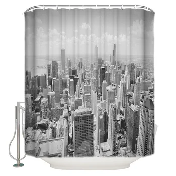 

City Silhouette Modern Building Gray Shower Curtain Bathroom Curtain Polyester Fabric Bath Curtain Washable Home Bath Decor