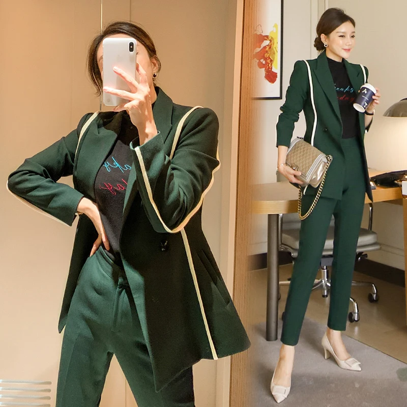 Fashion Business Pant Suits Uniform Formal Single Button Blazer Jacket and Long Pant Green Blazer Set Women OL 2 Two Pieces Suit