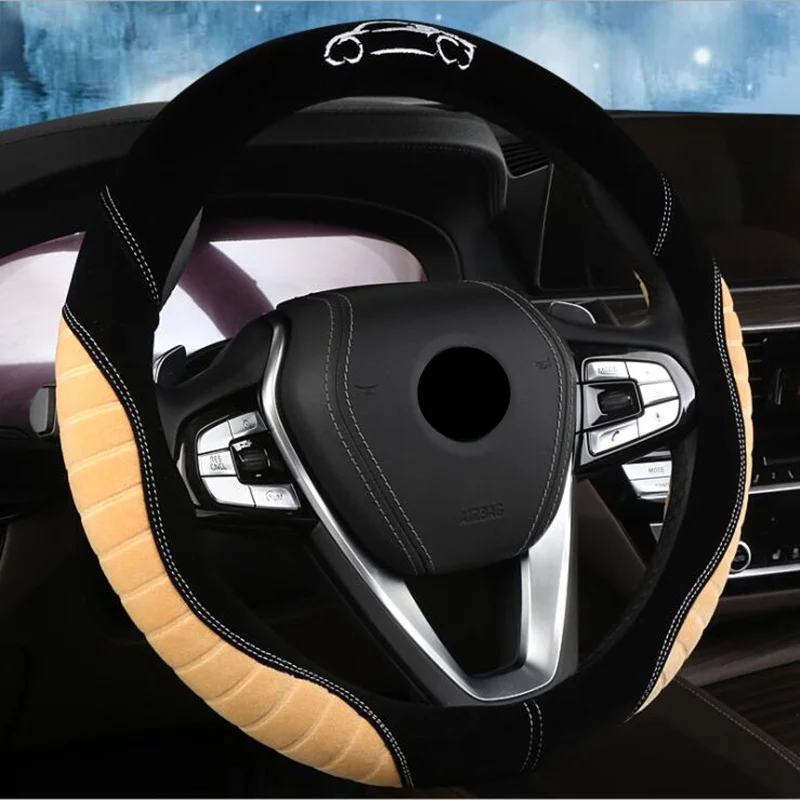Зимний 6 цветов Чехол рулевого колеса автомобиля модная вышивка автомобиля дизайн плюшевая Мягкая универсальная Оплетка на руль - Название цвета: Бежевый