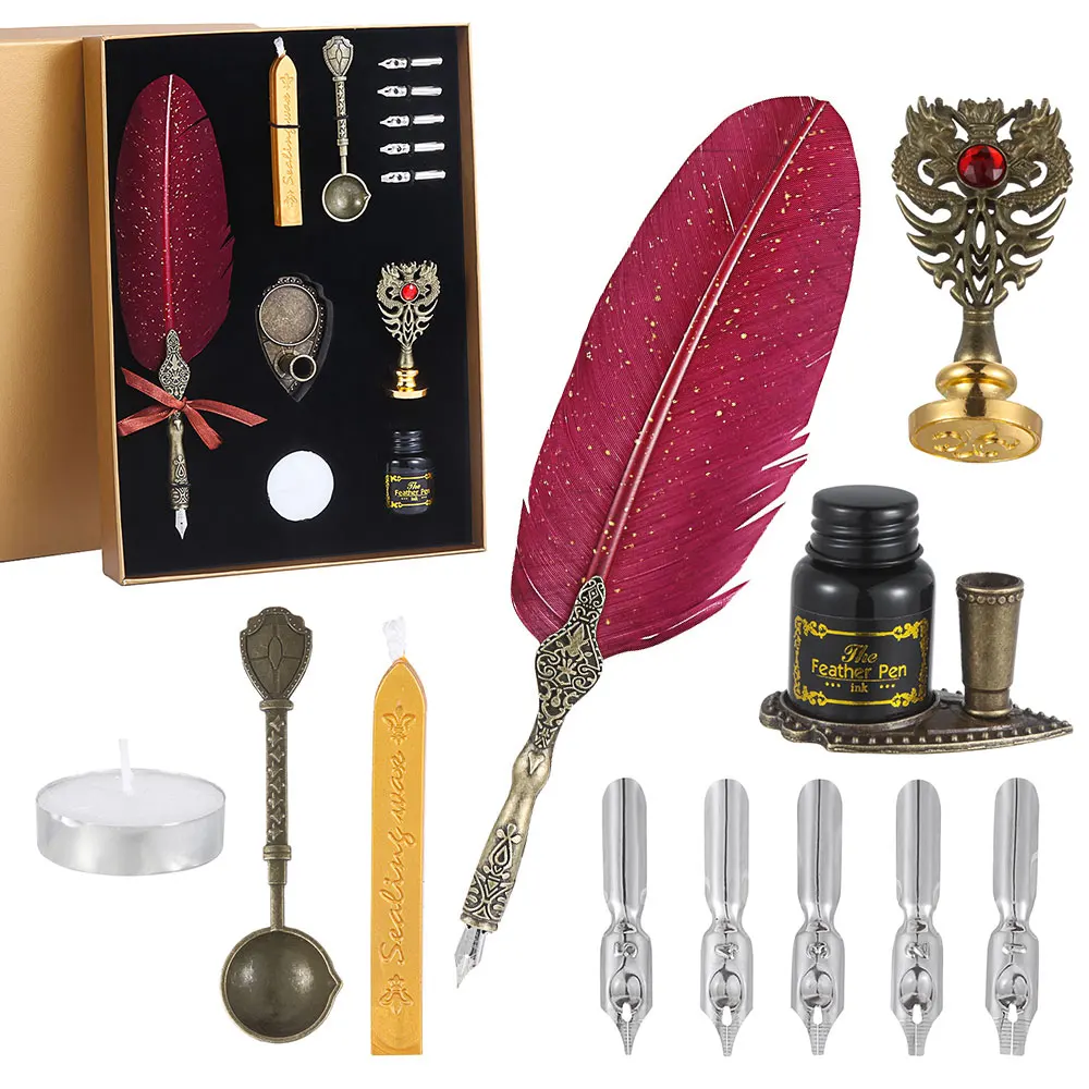 1Set Wax Seal Stamp Kit Quill Pen ink Set Feather Dip Pen Vintage Romantic Multi Function Writing Tools Craft Supplies