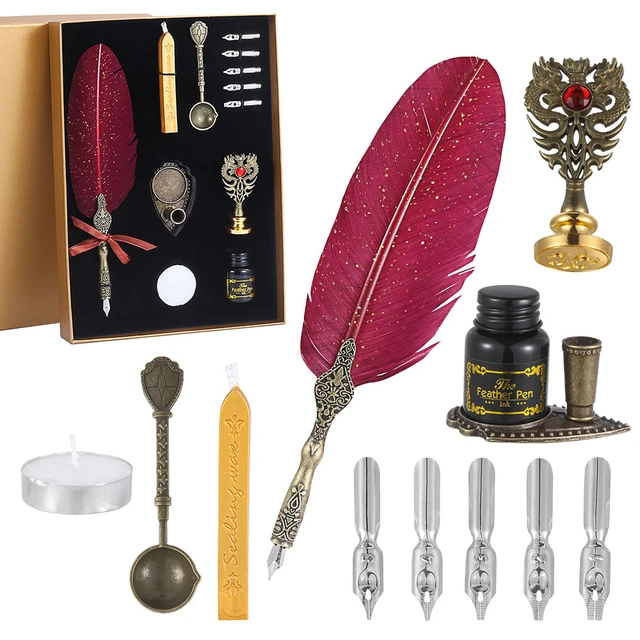 Quill Pen and Ink Set, Calligraphy Feather Pen Set with Wax Seal Stamp, Ink,  and