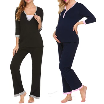 

Pregnant Women Nursing Maternity Clothes Autumn Casual Cotton T-shirt Tops+Adjustable Pants Home Lady Breastfeeding Sleepwear