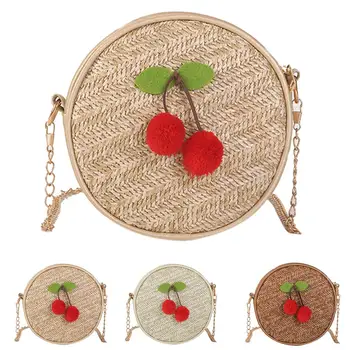 

Fashion Women Cherry Pendant Zip Chain Round Handbags One Shoulder Crossbody Pouch Round Woven Shoulder Bag Кошелек женский