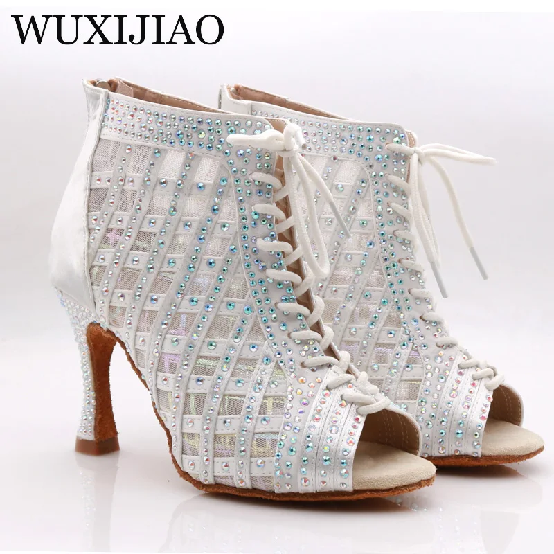 

WUXIJIAO Latin dance high boots shoes soft sole shoes salsa ballroom ladies mesh dance shoes Cuba high heels 9CM
