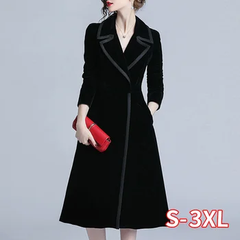 

New Arrival Women Fashion Comfortable Velvet Trench Coat Professional OL Temperament Solid Girls Warm Outdoor Long Black Trench