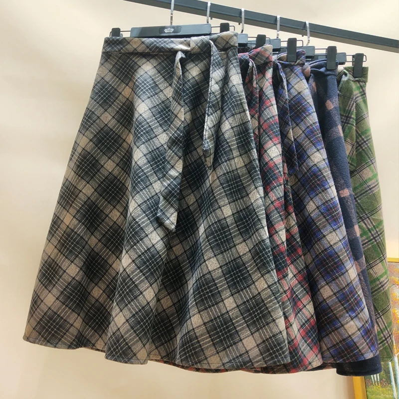 Autumn Winter High waist umbrella skirt a word skirt wild waist woolen female Flared new poncho skirt Plaid Long skirt