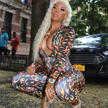 Simenual Fitness Push Up Sporty Active Wear Rompers Womens Jumpsuit V Neck Zipper Long Sleeve Flame Printed Workout Jumpsuits