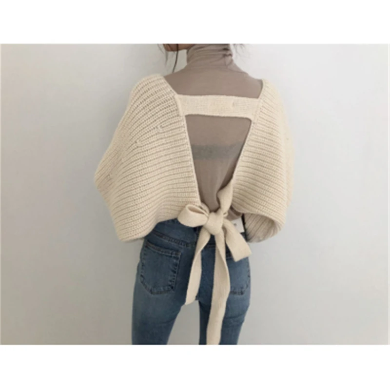 

Fashion Design New Loose Backless Hollow Lace-up Sweater Women Fall Chic Casual Solid Color Bat Sleeves Cardigans For Females