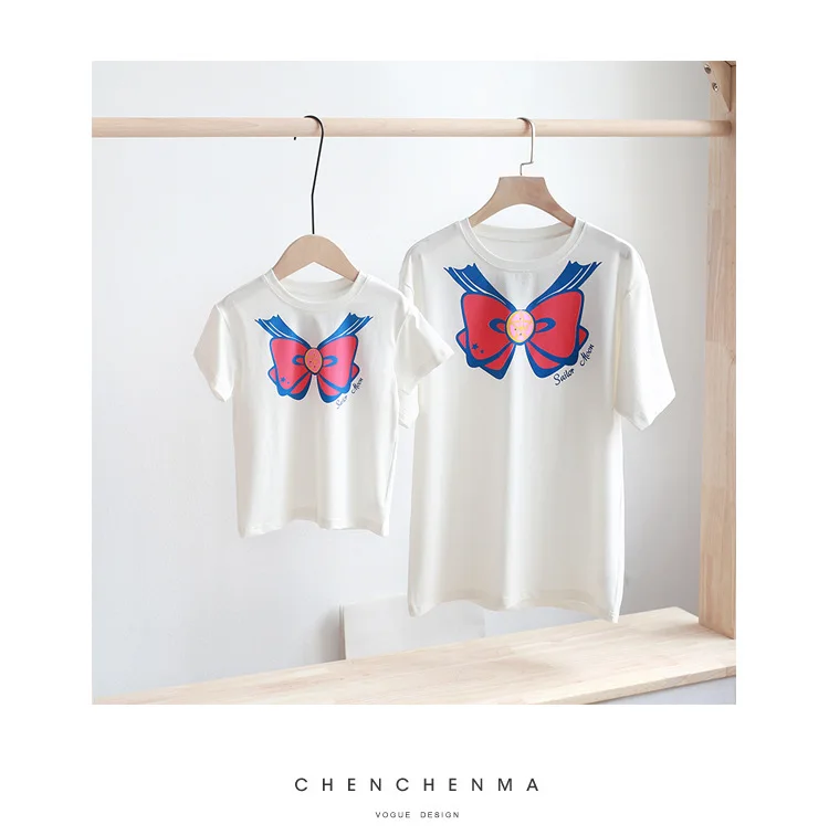 

T-shirt Parent-Child Cartoon Printed Pattern Pure Plain T-shirt Lovely Leisure Basic T-shirt Summer Interesting Shirt Parent-Chi