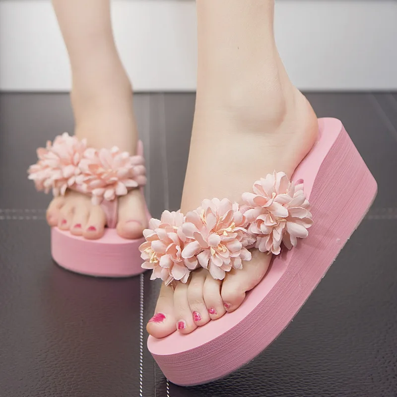

2017 Summer New Style Handmade Flower Flip-flops Women's Thick Bottomed Anti-slip Sandals Angle High-Heel Sandals