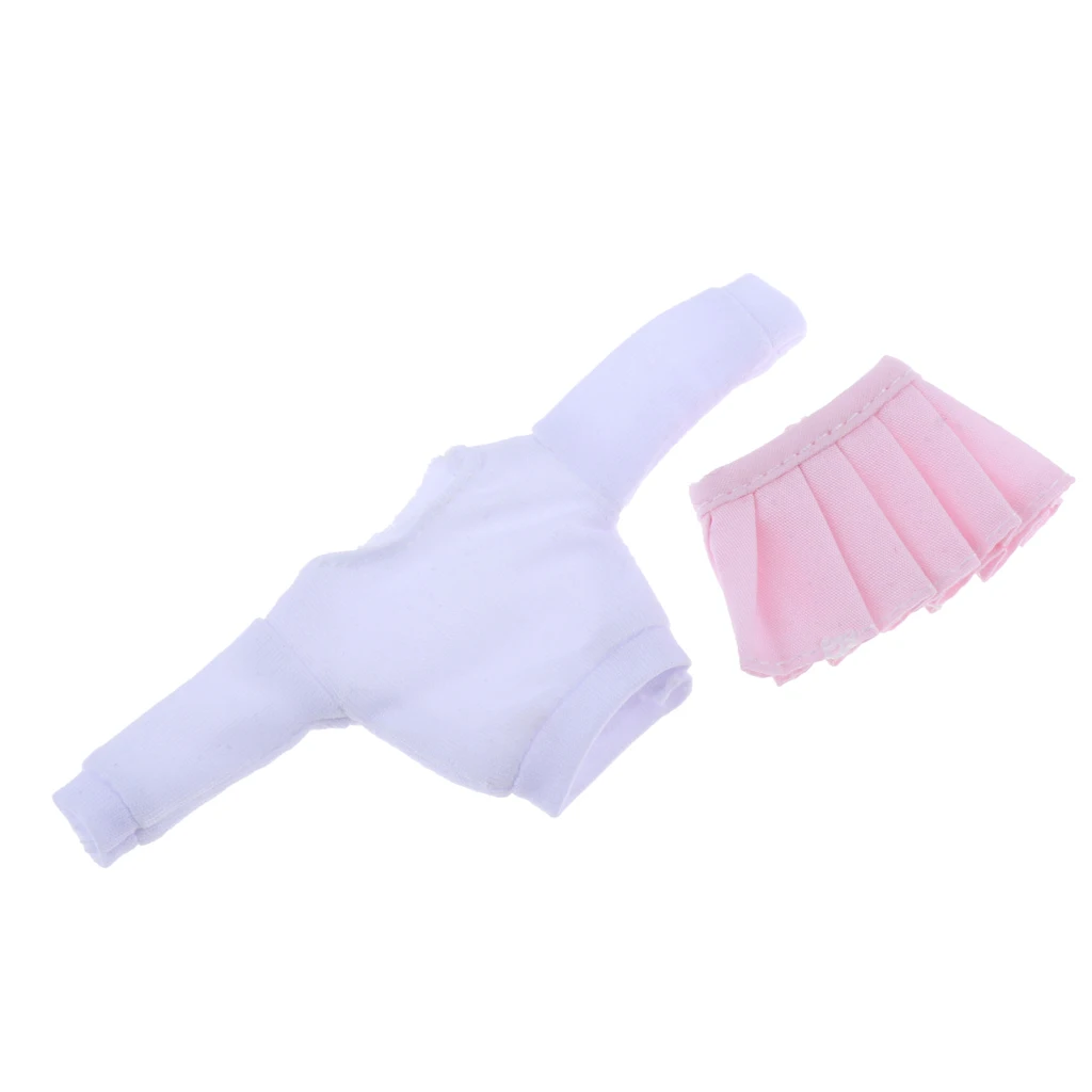 1/12 Scale Women T-shirt & Pink Pleated Skirt Long Sleeve Mini Skirt for BJD Action Figure Clothing Body Outfit Toy Accessory