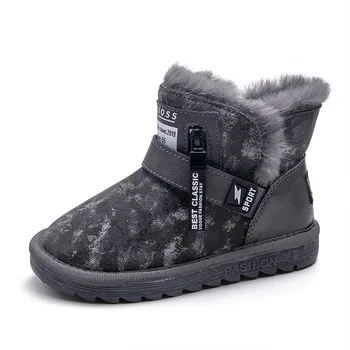 

Fashion Plush Warm Kids Boy Shoes For Girls Leather Boots Winter Children Snow Ankle Boot Student Turn Hair Non-Slip Cotton Shoe