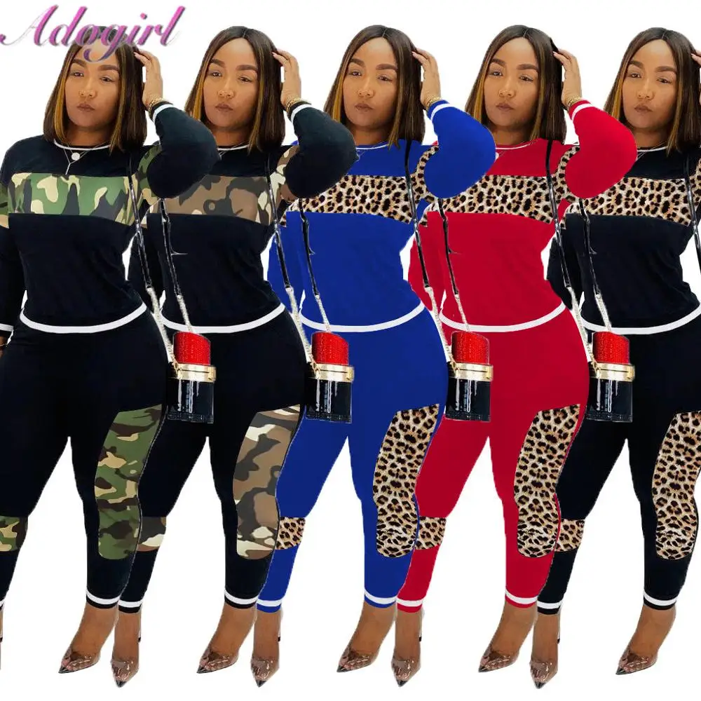 

Spring Leopard Print Splicing Women Set Casual Long Sleeve O Neck Sweatshirt Tops Tee Pencil Pants Suit Two Piece Set Tracksuit