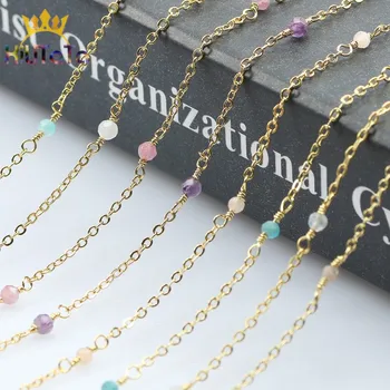 

1 Meter Handmade Golden Color Wire Wrapped Rosary Chains Natural Faceted Stone Bead Chain For DIY Bracelet Anklet Jewelry Making