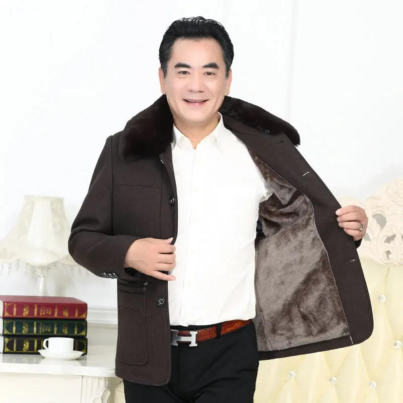 

Winter Wool Coat Men Thicken Fur Lining Overcoat For Middle Aged Man Gray Coffee Collar Detachable Jacket Father Woolen Clothing