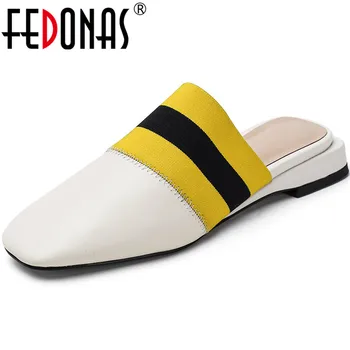 

FEDONAS Populer Patchwork Genuine Leather Women Mules Concise Mixed Colors Low Heels Pumps Summer Party Wedding Shoes Woman
