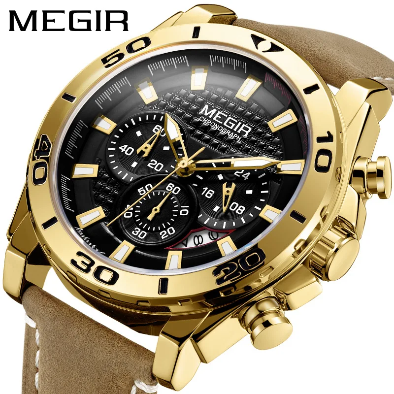 

Megir mei gainer 2094G Sports Multi-functional Leather Belt Three-Eyed Night Light Calendar Waterproof MEN'S Quartz Watch