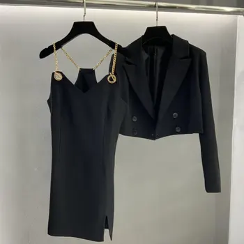 

2020 new ladies fashion suit double breasted short suit jacket +metal chain dress 2-piece set 0907