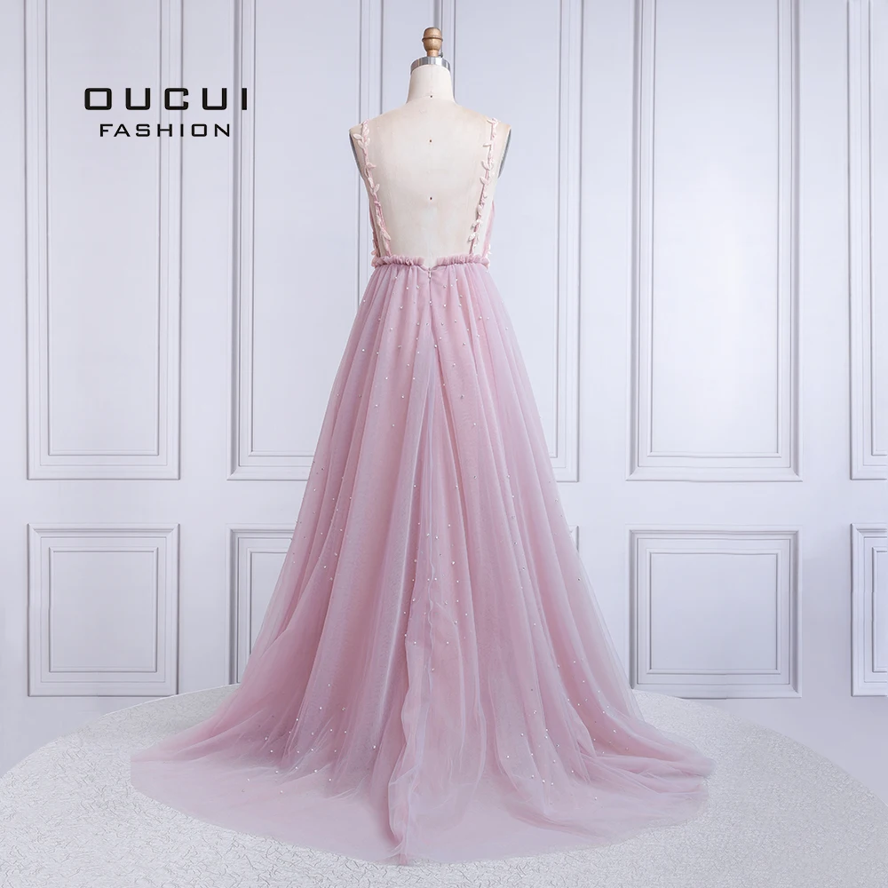 Günstige Sexy V ausschnitt Abendkleid Lange 2019 Backless Robe De Soiree Prom Kleider Hochzeit A linie Spitze Blume Perle Ballkleid OL103424