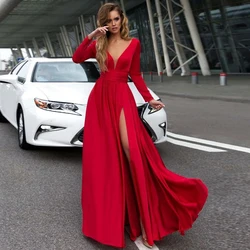 Deep V Neck High Slit Red Classic Evening Dresses Full Sleeve Floor-Length Dress Prom Gowns 2022 Button Back  Vestido De Noiva/