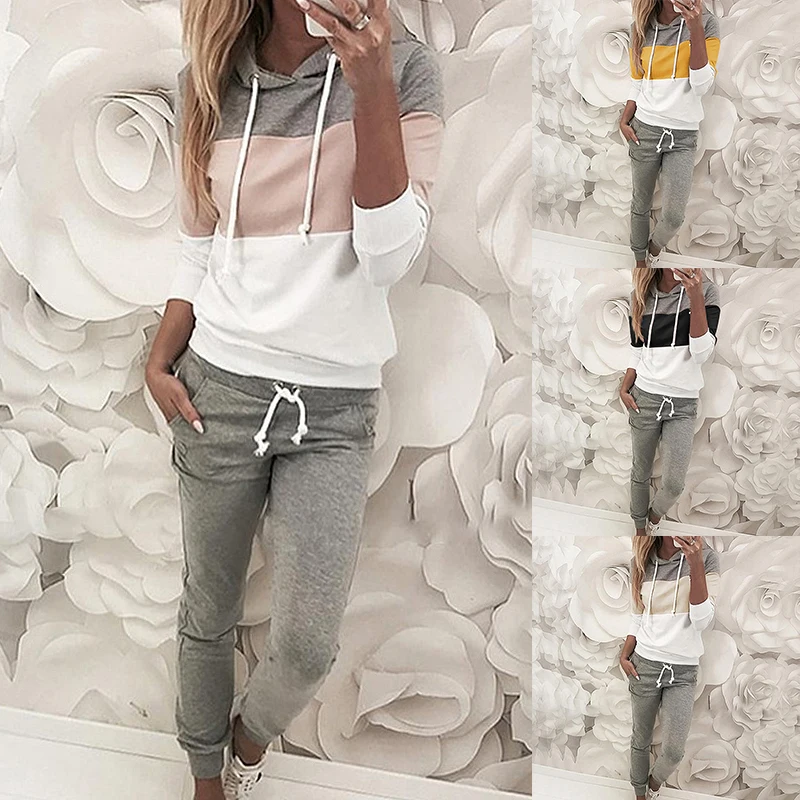 

Long Sleeve Women Pajamas Hooded Long-Sleeved Trousers Striped Stitching Casual Sweater Suit Sleepwear Femal Home Suit Hoodies