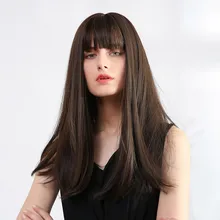 Long Straight Wig Heat Resistant Synthetic Fiber Dark Roots with Bangs Women Full Wig MH88